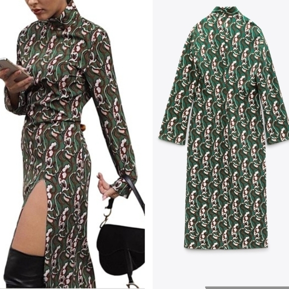 Zara Green Printed Slit Midi Night Out Dress Size Small - Picture 15 of 15